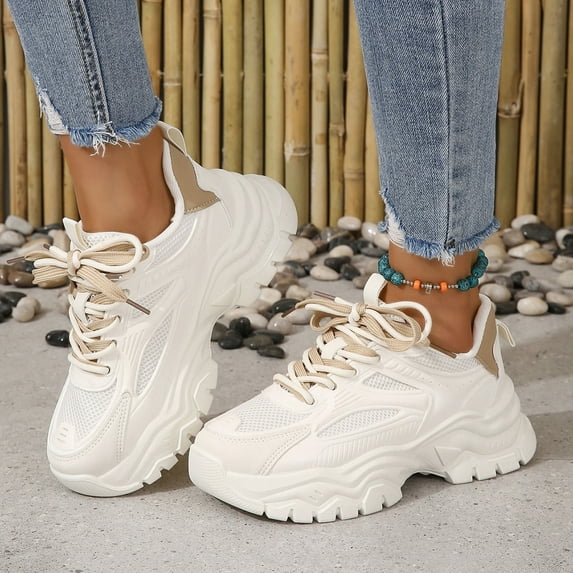 NOKIO Lace-up Closure Womens Shoes & Womens Sneakers Ladies Fashion Breathable Mesh Leather Patch Lace Up Thick Sole Casual Sports Shoes Cloud Chunky Platform Sneakers for Women
