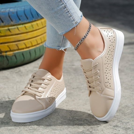 NOKIO Ladies Fashion Solid Color Breathable Hollow Leather Lace Up Flat Bottomed Casual Shoes Women’s Breathable Slip on Arch Support Non-Slip Shoes Comfort Loafers Flats