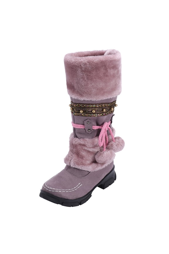Ladies High Shaft Winter Boots Warm High Toe Snow Round Heels Retro Keep Middle Hairball Shoes Booties SlipOn Women Women's Boots Female Stylish Velvet Mules Ladies Stylish Snow Boots