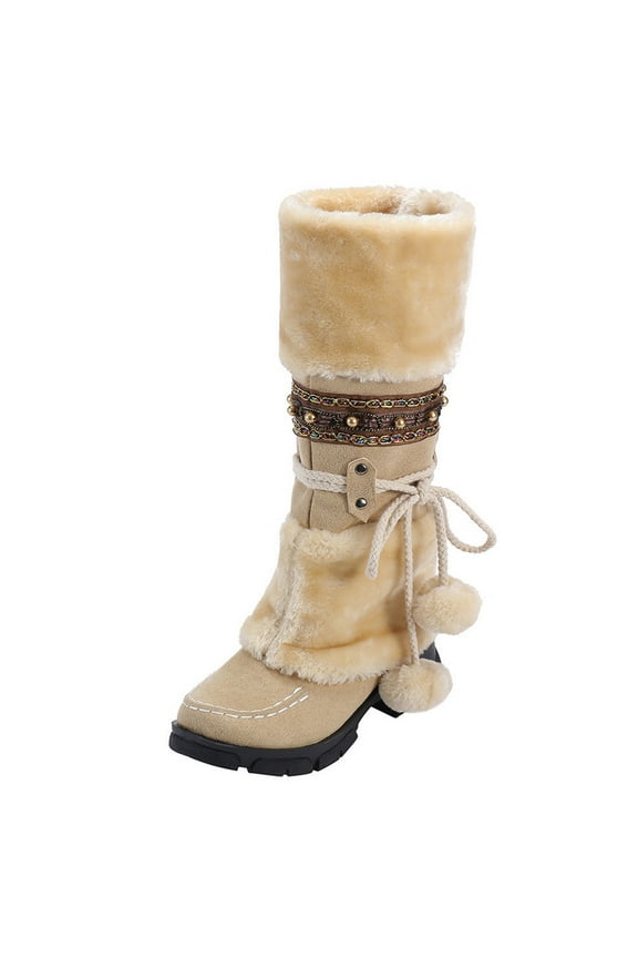 Ladies High Shaft Winter Boots Warm High Toe Snow Round Heels Retro Keep Middle Hairball Shoes Booties SlipOn Women Women's Boots Female Stylish Velvet Mules Ladies Stylish Snow Boots