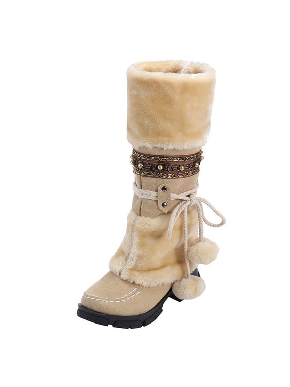 Ladies High Shaft Winter Boots Warm High Toe Snow Round Heels Retro Keep Middle Hairball Shoes Booties SlipOn Women Women's Boots Female Stylish Velvet Mules Ladies Stylish Snow Boots