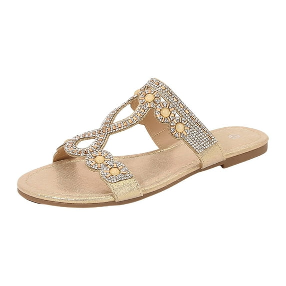 NOKIO Ladies Party Sandals Spring And Summer 2024 Sandals Round Head Flat Sandals Women's Rhinestone Large Size Sandals Party Shoes