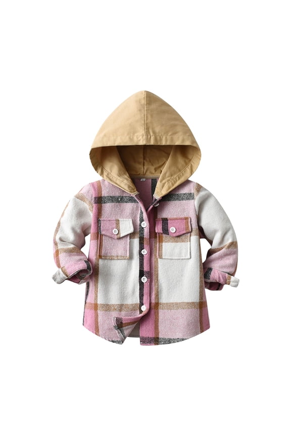Toddler Kids Boys Girls Flannel Hooded Plaid Shacket Jacket Baby Plaid Shirt Hooded Clothes Kids Boys Girls Flannel Shirts Long Sleeve Button Down Hooded Jackets Warm Coat