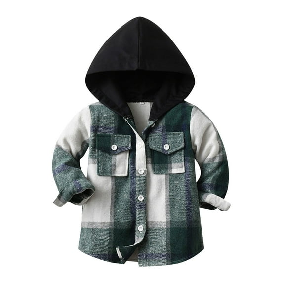 NOKIO Little Boys Long Sleeve Button Down Plaid Flannel Shirts with Hood Toddler Kids Baby Outwear Long Sleeve Hooded Plaid Jacket For Girls Or Boys Kids Winter Coats With Hooded