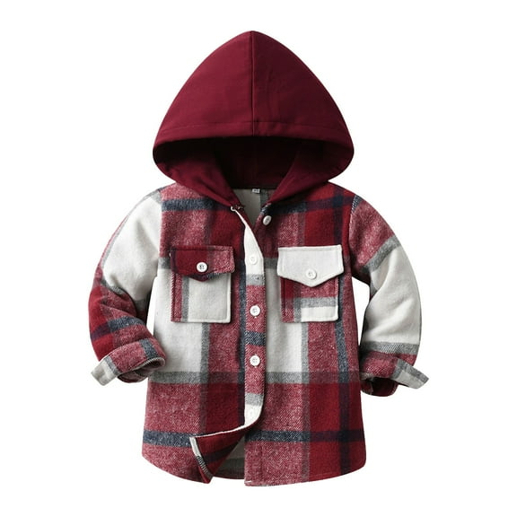 NOKIO Toddler Kids Boys Girls Flannel Hooded Plaid Shirt Button Baby Red Plaid Shirt Plaid Shirt Hooded Clothes Button Down Flannel Hoodies Tops Fall Winter Outfits