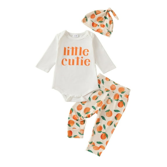 NOKIO Little Cutie Baby Girl Fall Outfits Long Sleeve Romper Orange Pants Knot Hat Clementine Coming Home Clothing Set Baby Girl Boy Pumpkin Romper Onesie+Long Pants Hat Set 3 PC Set