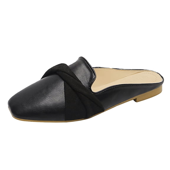 NOKIO Mules for Women Flats Shoes: Ladies Fashion Solid Color Leather Round Head Half Slippers Flat Comfortable Casual Single Shoes Trendy Women'S Everyday Footwear Round Toe Womens Mules