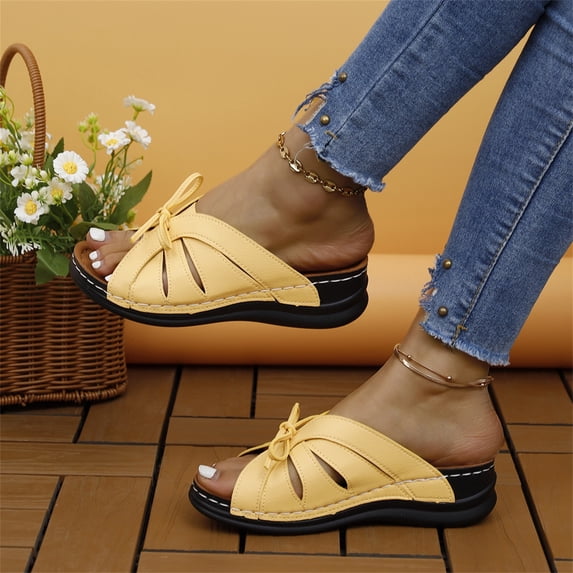 NOKIO Orthopedic Wedge Sandals Women Trendy Women'S Fashion Slippers Women's Beach Slope Heel Slippers Hollow Casual Slippers Slope Bottom Shoes Retro Sandals