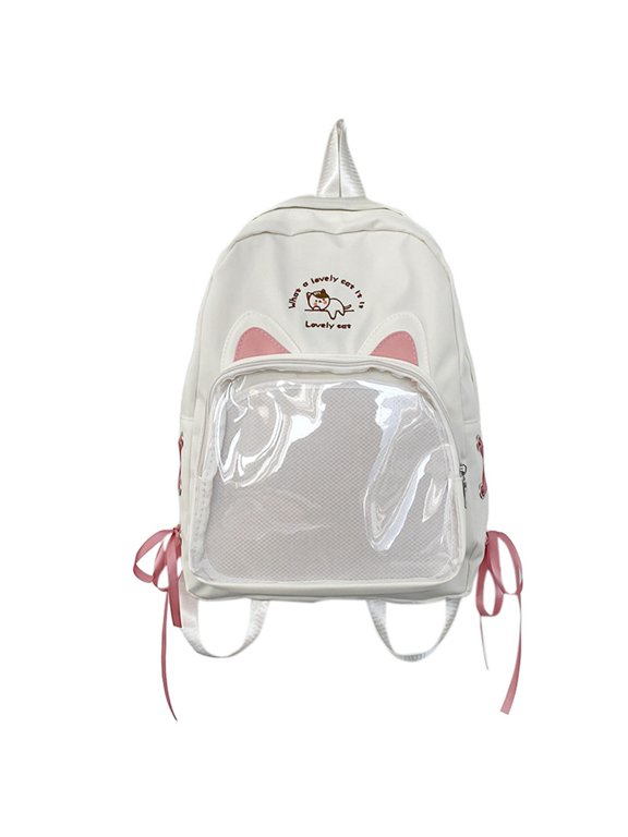 Retro Canvas Backpack Stylish Canvas Backpack Cute Cat Ears Kawaii Pins Bag Transparent Window Anime Pin Display Backpack Japanese Collector Bag Canvas Drawstring Backpack