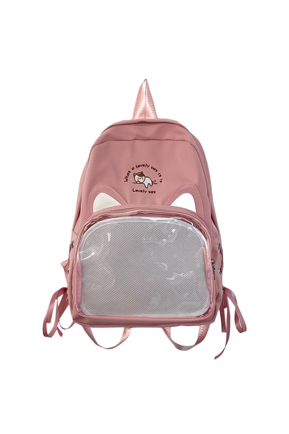 Retro Canvas Backpack Stylish Canvas Backpack Cute Cat Ears Kawaii Pins Bag Transparent Window Anime Pin Display Backpack Japanese Collector Bag Canvas Drawstring Backpack