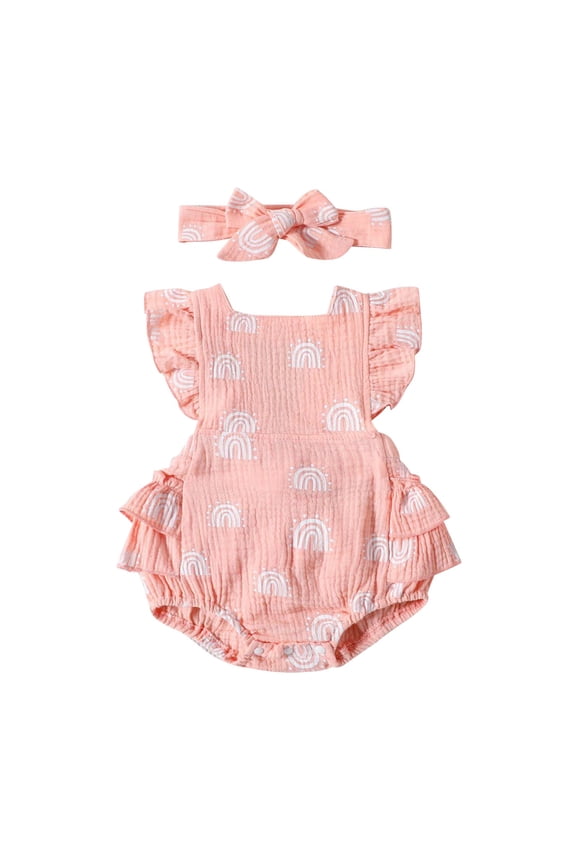 Ruffle Sleeve Baby Rompers, Soft Baby Bodysuits Summer Baby Jumpsuit Ruffled Rainbow Print Lace Up Backless Jumpsuit Baby Headband Romper 2 Piece Set Pink Floral Baby Girl Rompers