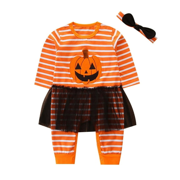 NOKIO Striped Long Sleeve Cotton Jumpsuit, Boys Girls Long Sleeve Striped Pumpkin Pattern Romper Baby Hallow-een Jumpsuit With Striped Pumpkin Pattern Children'S Coverall With Snap Closures