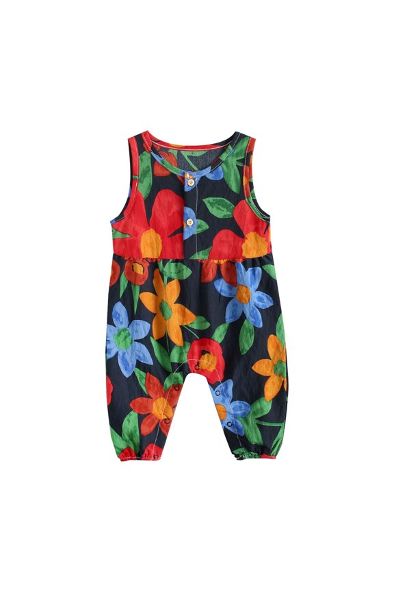 Toddler Baby Girl Floral Sleeveless Bodysuit Romper Girls Colorful Cartoon Floral Cotton Baby Long Climb Neonatal Sleeveless Garment Children Pants Crawl Suit Clothes