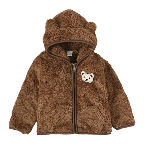 NOKIO Toddler Girls Zip Up Cotton Hoodie Jackets Kids Children Coat Solid Color Long Sleeved Plush Zippered Hood Thickened Cartoon Bear Top Party Birthday School Child Winter Fuzzy Overcoats