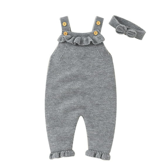NOKIO Baby Girl Suspender Sweater Jumpsuit Romper Pants, Baby Solid Knitted Romper Cotton Sleeveless Boy Girl Ruffled Sweater Clothes Baby Jumpsuit With Headband Outfits Set Baby Girl Boy Sweaters