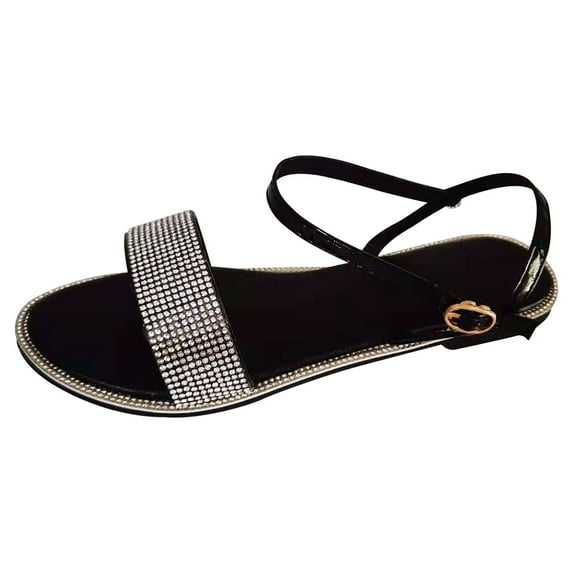 NOKIO Trendy Women'S Fashionable Sandals Women's Summer Flat Round Toe Sandals Outdoor Casual Buckle Strap Shoes Women's Sparkly Rhinestone Strappy Flat Sandals