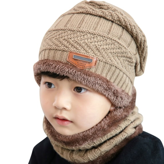 NOKIO Unisex Kids Cozy Fleece Lined Hat And Snood Set Children'S Knit Beanie And Neck Warmer Contrast Colors Knitted Warm Winter Hats For Kid Hat+Scarf Two Piece Set