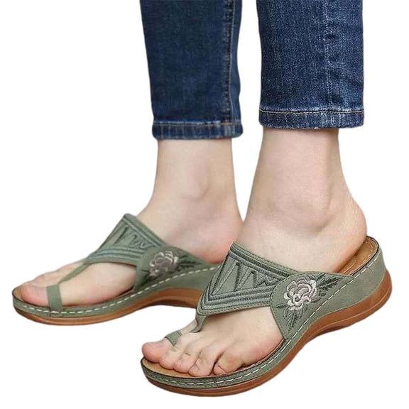 NOKIO Wedge Flip Flops for Women Comfort Thong Sandals Embroidered Flower Sandals Women's Summer Wedge Breathable Flip Flops Women's Large Size Slippers