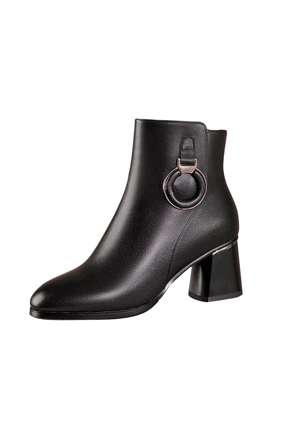 Winter Fashion Boot for Women Pointed Toe Ankle Booties with Metal Ring Buckle Decor, Ladies Block Heel Boot Chun Dress B for Business, Work and Daliy