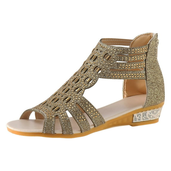NOKIO Women Boho Sandals Casual Bling Rhinestone Decorate Sandals Back Zipper Open Toe Slide Sandals Shoes Womens Ankle Strap Rhinestones Low Wedge Sandals
