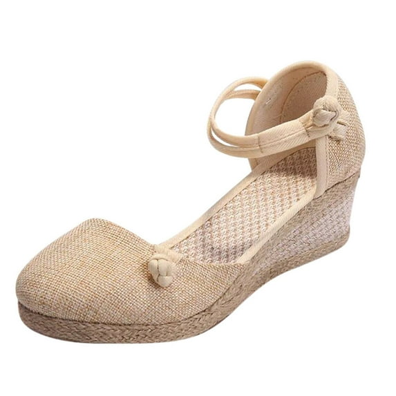 NOKIO Women Ladies Retro Linen Canvas Wedge Round Toe Casual Sandals Singles Shoes Women's Espadrille Low Wedge Heel Sandals with Buckle Ankle Strap Close Toe Casual Dressy Summer Platform Shoes