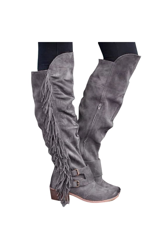 Women Mid Calf Boots Ladies Over The Knee Long Boots Fringe Western Cowboy Bootie Pointed Toe Heel Tassel Boots Autumn Winter Casual Shoes Women'S Knee High Suede Riding Boots