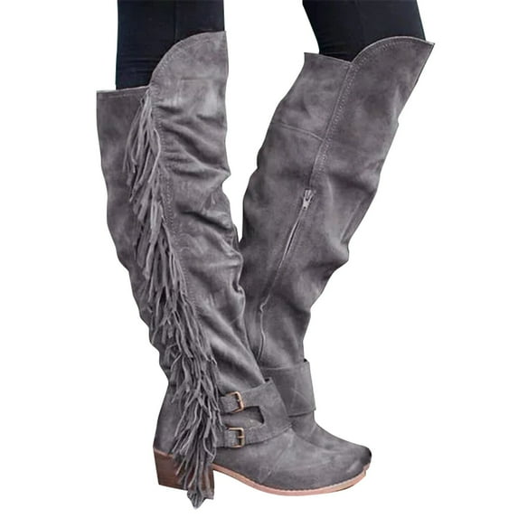 NOKIO Women Mid Calf Boots Ladies Over The Knee Long Boots Fringe Western Cowboy Bootie Pointed Toe Heel Tassel Boots Autumn Winter Casual Shoes Women'S Knee High Suede Riding Boots