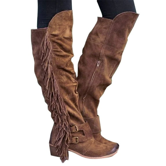 NOKIO Women Mid Calf Boots Ladies Over The Knee Long Boots Fringe Western Cowboy Bootie Pointed Toe Heel Tassel Boots Autumn Winter Casual Shoes Women'S Knee High Suede Riding Boots