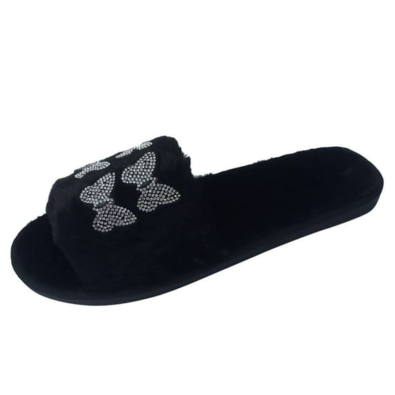 NOKIO Women'S Breathable Toeless House Slippers Women Slippers Open Bow Flat Slip On Furry Shoes Keep Home Rhinestone Plush Winter Warm Toe Women's Slipper Women'S Quilted Slippers