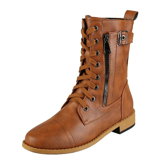 NOKIO Women'S Lace-Up Vintage Ankle Boots Women'S Ankle Boots With Side Zippers, Women's Front Lace Up Solid Color Side Zipper Low Heel Flat Large Size Mid Calf Boots Women'S Stylish Short Boots