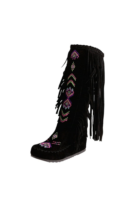 Women'S Suede Knee High Boots Woman Style Women Heels Fringe Flock Chinese Boots Boots High Long Flat Tassel Nation Leather Fashion Knee Women's Boots Women'S Knee High Lace-Up Field Boots