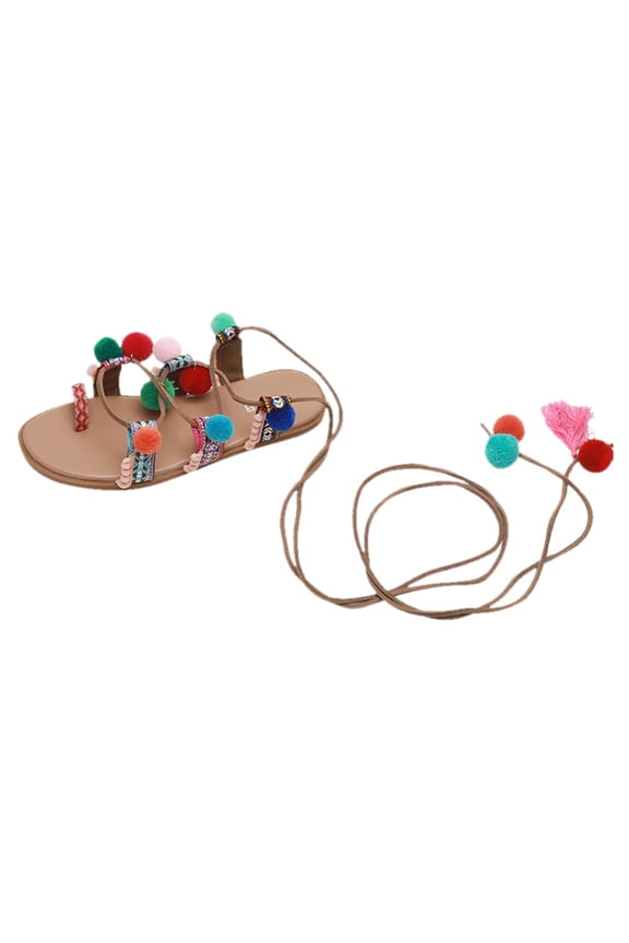 Women'S Summer Slide Sandals Women Boho Sandals Leather Sandals Shoes Pom-Pom Strappy Sandals Chic Women'S Flip Flops