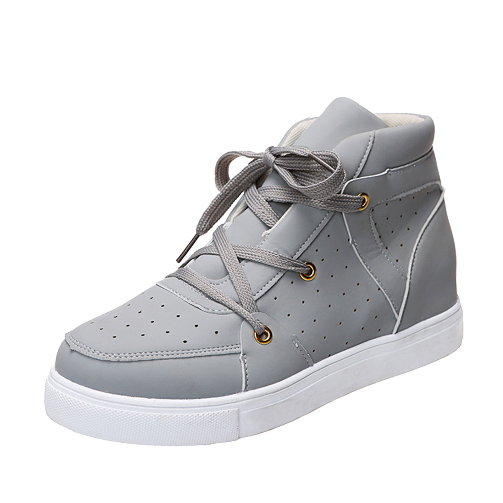 Zapatillas deportivas de entrenamiento para mujer, moda, color sólido, superficie de cuero, transpirables, caña alta, con cordones, planas, casuales, zapatillas de tenis sin cordones para mujer, cómodas con plataforma cuña