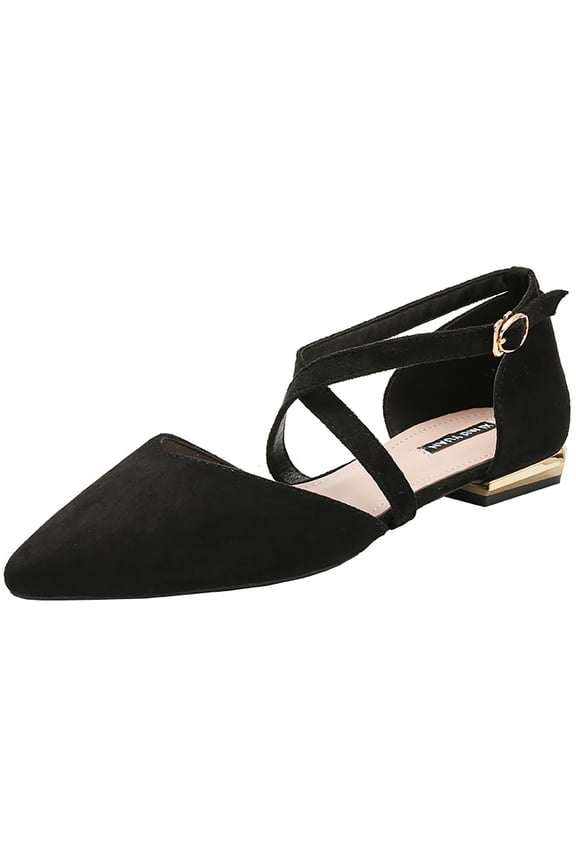 Women Summer Dressy Flat Sandals Women's New Medium Heel Pointed Low Heel Buckle Shallow Mouth Suede Retro Single Shoe Sandals Shoes ow Heel Sandals Shoes