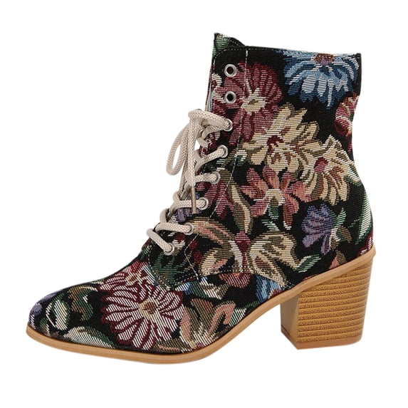 NOKIO Women V๐ntage B๐๐๐ก๐ Chun๐๐ Ankle Booties Fashion ๐ซa๐ผe Up Booties with Colorful Painting, Comfortable Point Toe Shoes Cowboy Short Booties for Daliy Casual Outdoor
