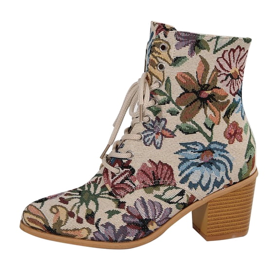 NOKIO Women V๐ntage B๐๐๐ก๐ Chun๐๐ Ankle Booties Fashion ๐ซa๐ผe Up Booties with Colorful Painting, Comfortable Point Toe Shoes Cowboy Short Booties for Daliy Casual Outdoor