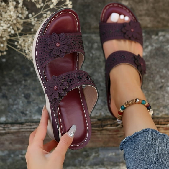 NOKIO Women Wedge Sandals Hollow Flowers With Arch Support Comfortable Orthopedic Sandals Slippers Fashionable Women'S Summer Slippers Women's Beach Slope Bottom Shoes Retro Sandals