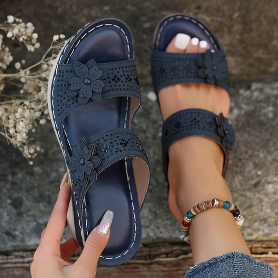 NOKIO Women Wedge Sandals Hollow Flowers With Arch Support Comfortable Orthopedic Sandals Slippers Fashionable Women'S Summer Slippers Women's Beach Slope Bottom Shoes Retro Sandals