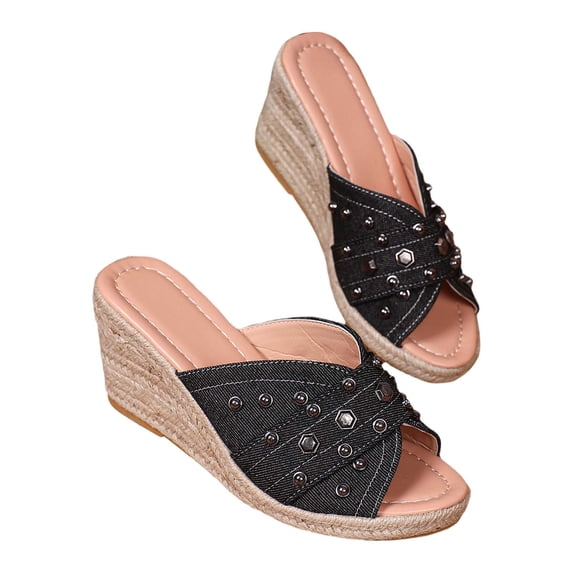 NOKIO Women's Beach Slope Heel Slippers Hollow Casual Slippers Slope Bottom Shoes Retro Sandals Platform Wedge Sandals Slide Sandals Slip High Heel Casual Jute Beach Raffia Sandals