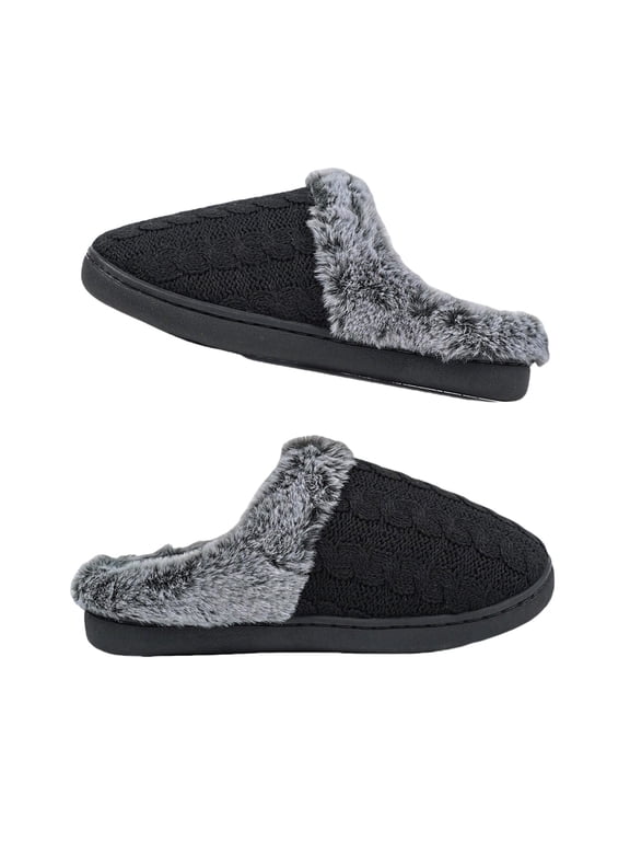 Women's Cable Knit Slippers House Shoes with Soft Furry Collar, S𝗅ip On Clog Shoes Winter Plush Slides Comfortable Wide Slides Indoor Outdoor Footwear Warm Bedroom Shoes