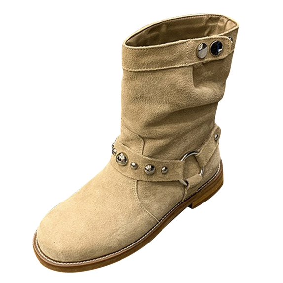 NOKIO Womenβs Cowboy Bπππ‘π Round Toe Mid Calf Bπππ‘π Fashion Western Ladies Booties Comfortable Sπ
ip On Ankle Bπππ‘π Casual Flat Shoes for Spring and Autumn Winter