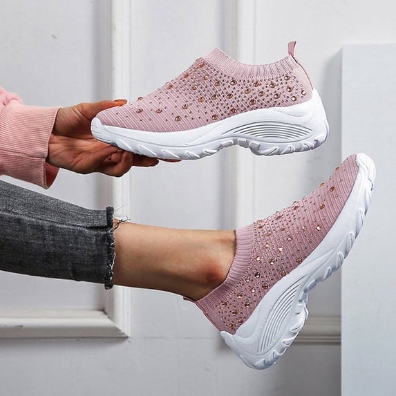 NOKIO Women's Crystal Rhinestone Summer Shoes Breathable Sports Shoes Women's Mesh Flying Woven Sneakers Women's Athletic Walking Shoes Slip On Casual Mesh-Comfortable Tennis Workout Sneakers