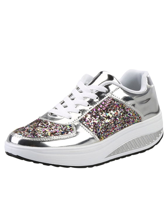 Women's Fashion Casual Breathable Crystal Bling Lace Up Sport Shoes,Sparkly Sequin Lightweight Non Slip Comfort Sneakers Women's Glitter Platform Wedge Athletic Walking Shoes