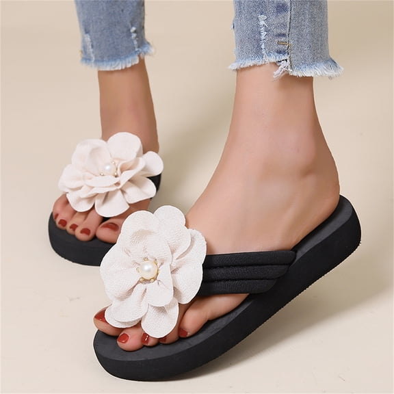 NOKIO Women's Flip Flops Thong Sandals Stylish Women'S Beach Sandals Ladies Fashion Summer Solid Color Suede Flower Pearl Decorative Open Toe Thick Soled Flip Flop
