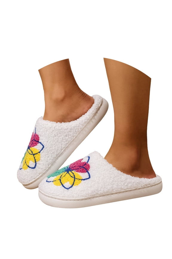 Women's Fuzzy Slippers Indoor F𝗅u𝖿𝖿y House Slippers Non-S𝗅ip Fl𝖾𝖾c𝖾 Flat Slides Comfortable S𝗅ip On Slipper with F𝗅oral Embroidery Patterns, Soft Warm Winter Shoes