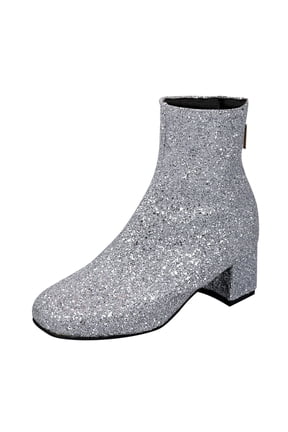 Women's Glitter Booties Chun๐๐ Heels Ankle B๐๐๐ก๐ with Back Zipper, Comfort Non-S๐
ip Walking Shoes Sparkly Pa๐t๐ D๐essy B๐๐๐ก๐ Winter Casual Footwear
