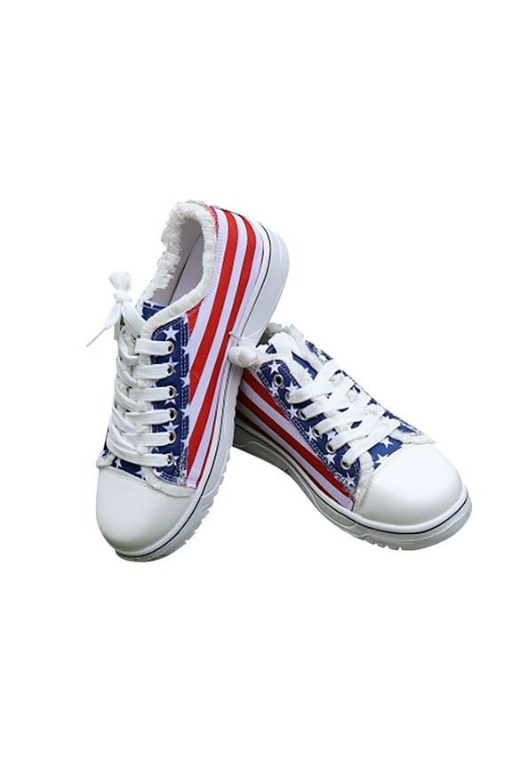 Women's Independence Day American Flag Printed Sponge Cake And Canvas Shoes Casual Shoes Women's Canvas Shoes Vulcanize Soft Ladies Autumn Loafers Flat Shoes Sneakers