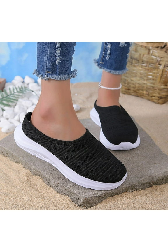 Women's Mules Shoes Slip on Sneakers Knit Flats Platform Lightweight Breathable Non-Slip Walking Shoes Women Casual Shoes Versatile Fashionable And New Large Women Shoes Fashion Shoes