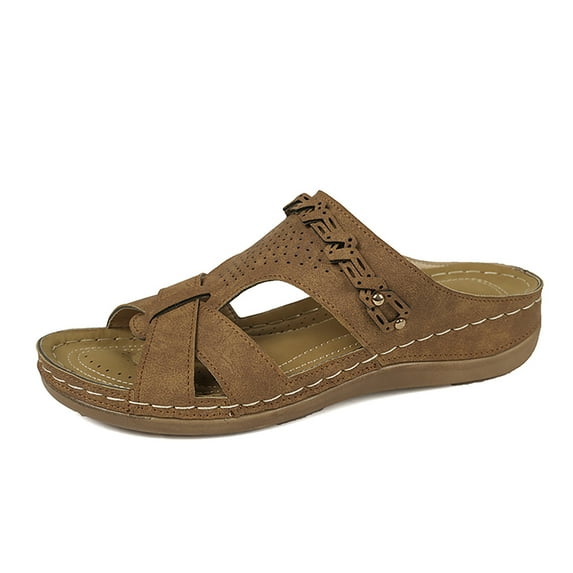 NOKIO Women's Open Toe Slippers Flat Shoes Beach Slope Heel Slippers Hollow Casual Slope Bottom Shoes Retro Sandals