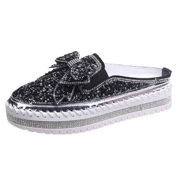 NOKIO Women's Pearl Rhinestone Bow Mules, Glitter Square Toe Slip on Flat Ladies Sparkly Baotou Clogs Slippers Thick Soled Women's New Spring And Summer Bow Knot Diamond Sequins Mule Slippers